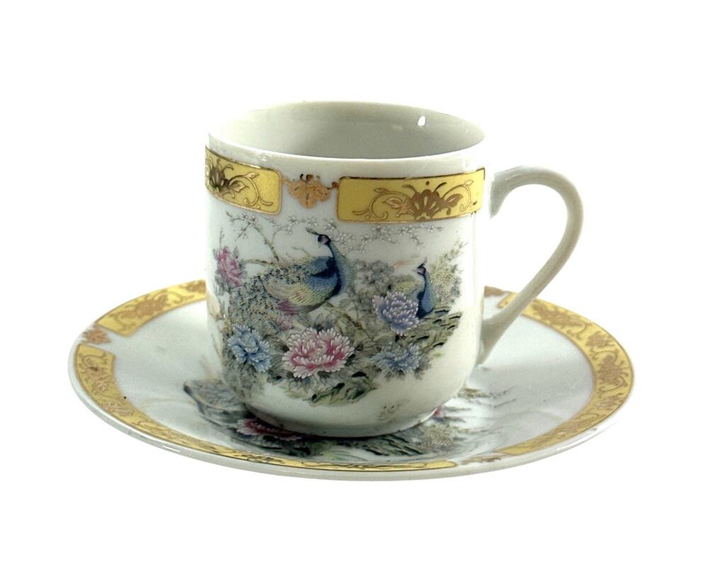 Vintage Tanaka Japan Demitasse Cup Saucer Peacock Floral Gold Trim Mini
